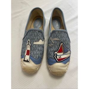Michael Kors Espadrilles Flats Shoes Sailboat Lighthouse Blue Monogram Size 7.5